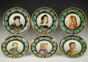 Serie di piatti con ritratti dei grandi maestri: Leonardo, Raffaello, Brunellesco, Michelangelo, Petrarca, Machiavelli
